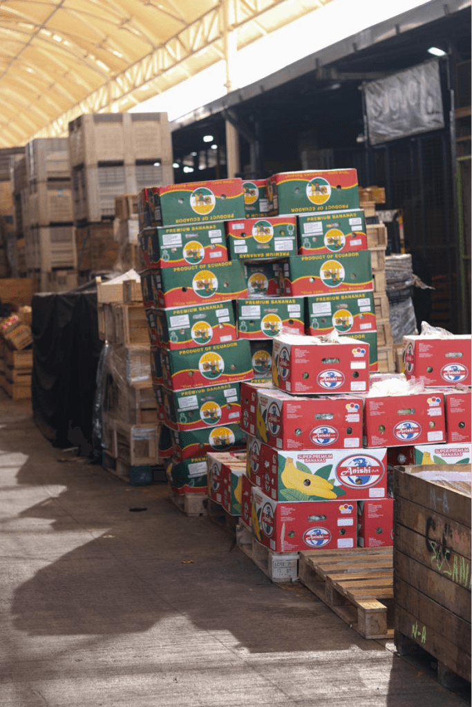 Frozen goods stored on warehouse shelves